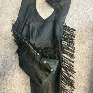 Vintage Leather Fringe Black Biker Chaps Size XL